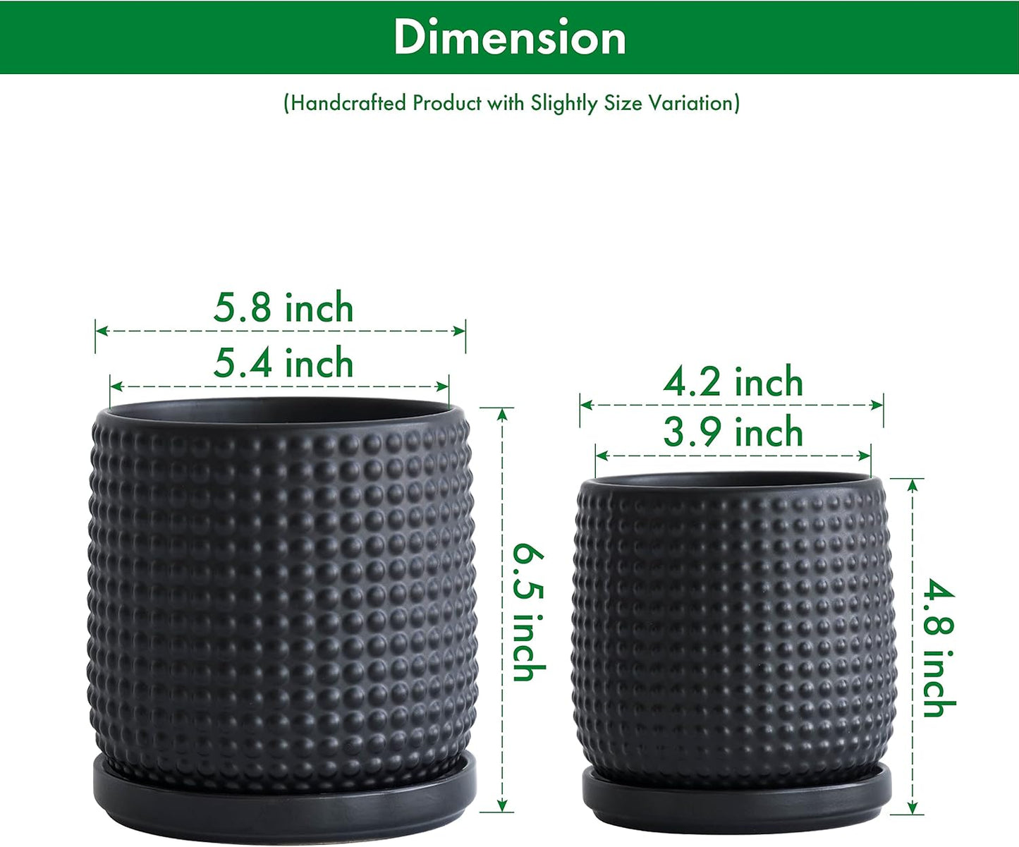 D'vine Dev 6 Inch 4 Inch Ceramic Indoor Planter Pots with Drainage Hole and Saucer, Beaded Design Flower Pots, Set of 2, Matte Black, 27-D-U-6