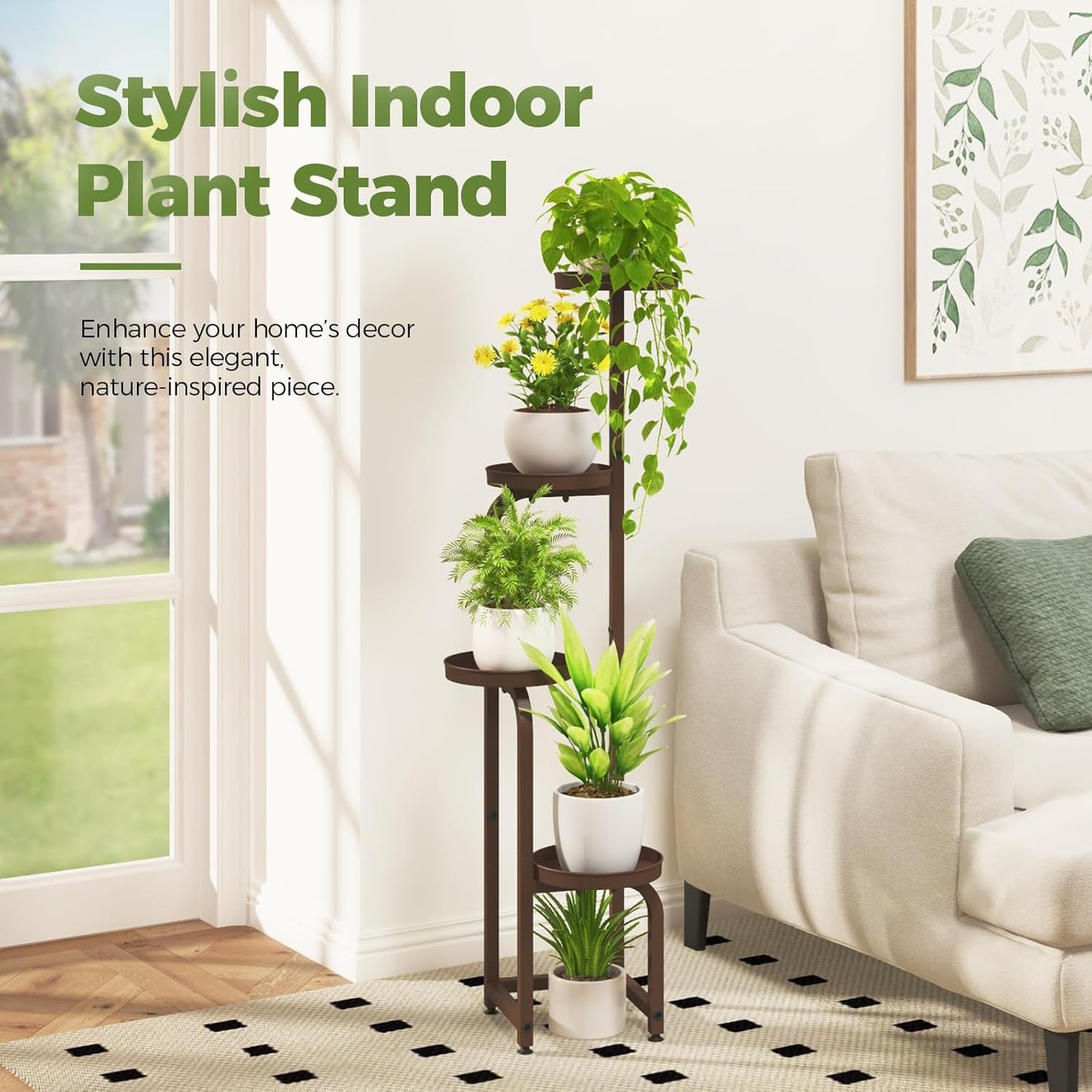 Bamworld Corner Plant Stand Indoor Outdoor, Tall Metal Flower Pot Stands for Multiple Plants, 4 Tier Brown Heavy Duty Plant Shelf for Patio Garden Balcony Living Room Bedroom(Patent Design)
