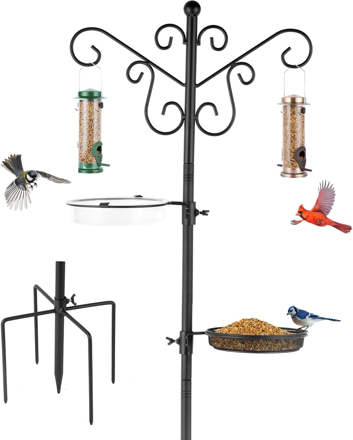 MIXXIDEA Bird Feeding Station Bird Feeder Pole with 5-Prong Base Hanging Hooks Water Bath Mesh Tray Wind-Resistant Water Bowl with Metal Snap Fastening for Outdoors to Attract Wild Birds