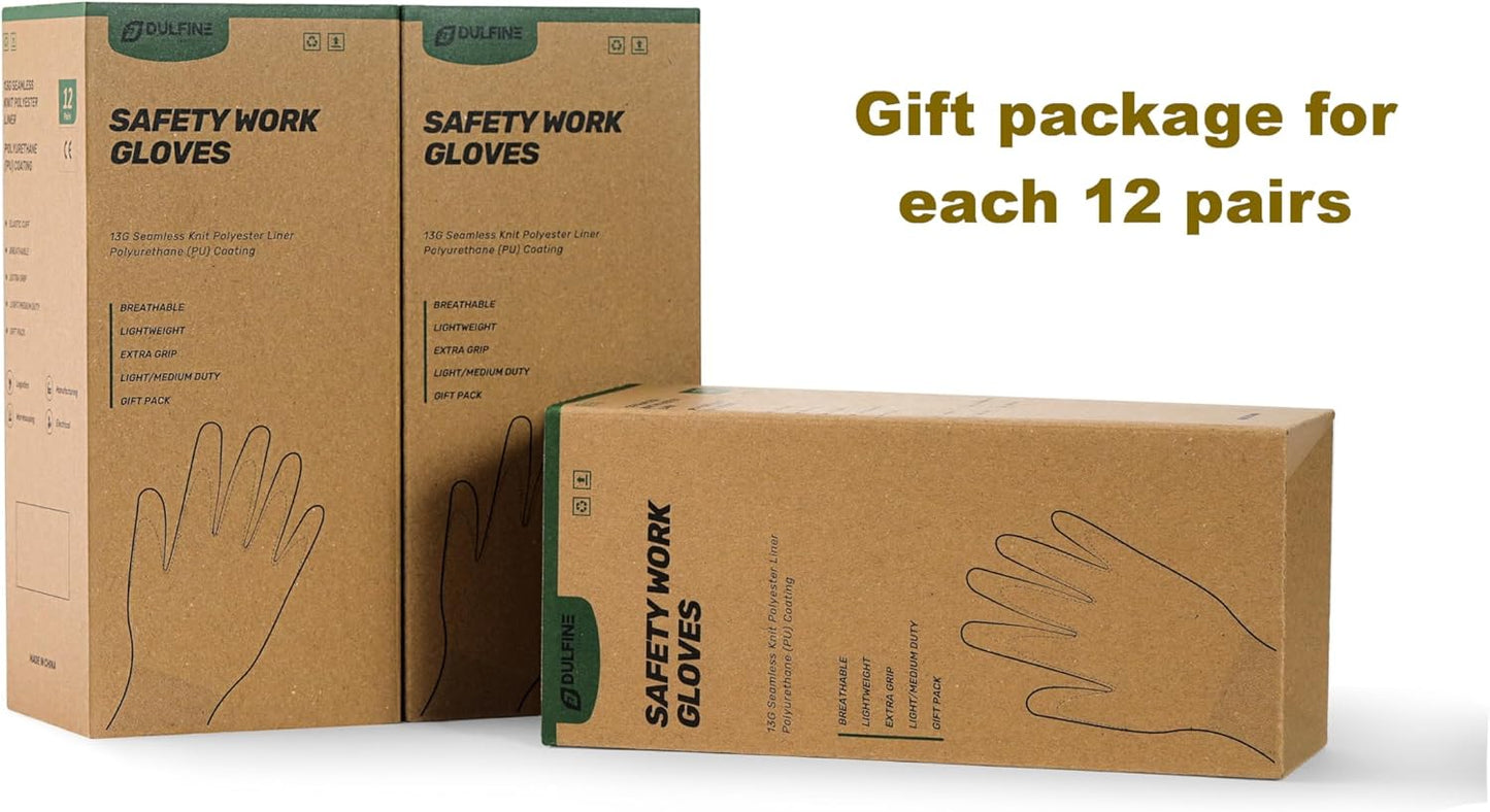 DULFINE Safety Work Gloves PU Coated for Men and Women-12 Pairs,Black Seamless Knit Glove with Two Fingers Touchscreen,Ideal for General Duty Work (Small)