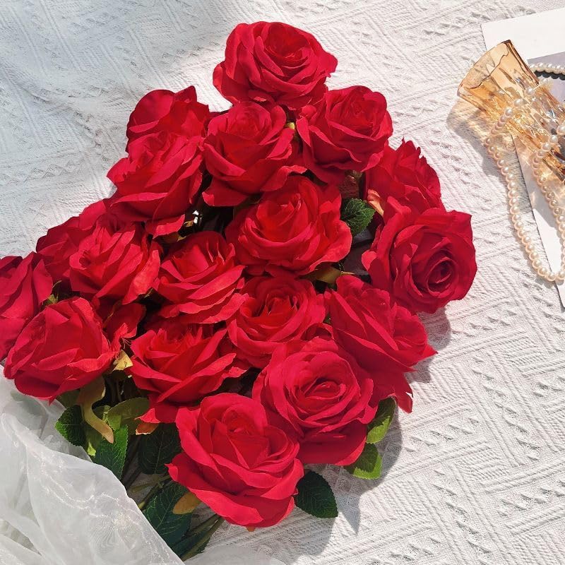 Fake Roses Not Bend The Peduncle Artificial Flowers Fake Flowers with Stems for DIY Wedding Bouquets Bridal Shower Centerpieces Arrangements Tables Decorations (24pcs,Ruby Red)