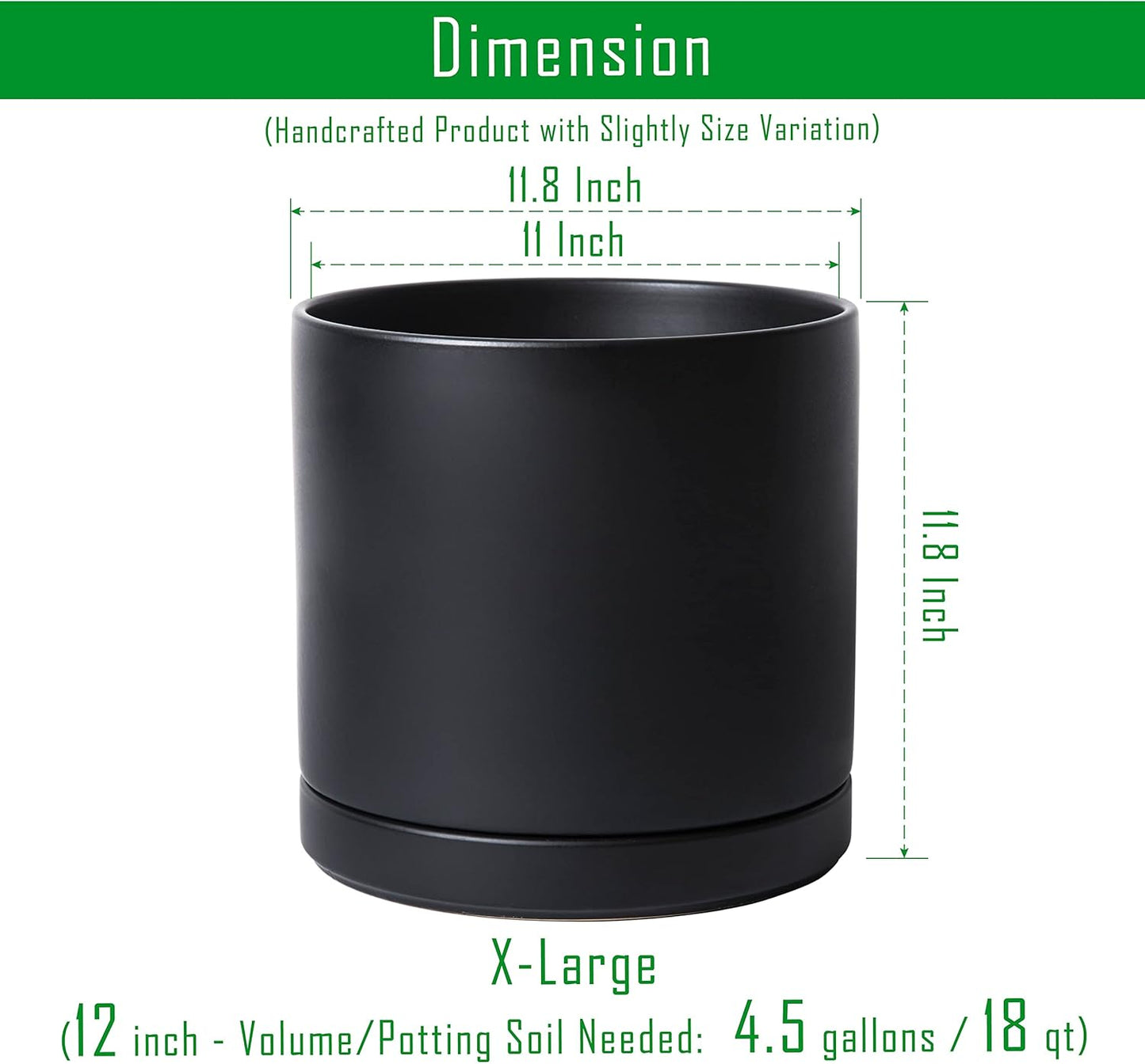 D'vine Dev 12 Inch Ceramic Planter Pot with Drainage Hole and Saucer, Indoor Cylinder Round Planter Pot, Black, 94-O-F-2