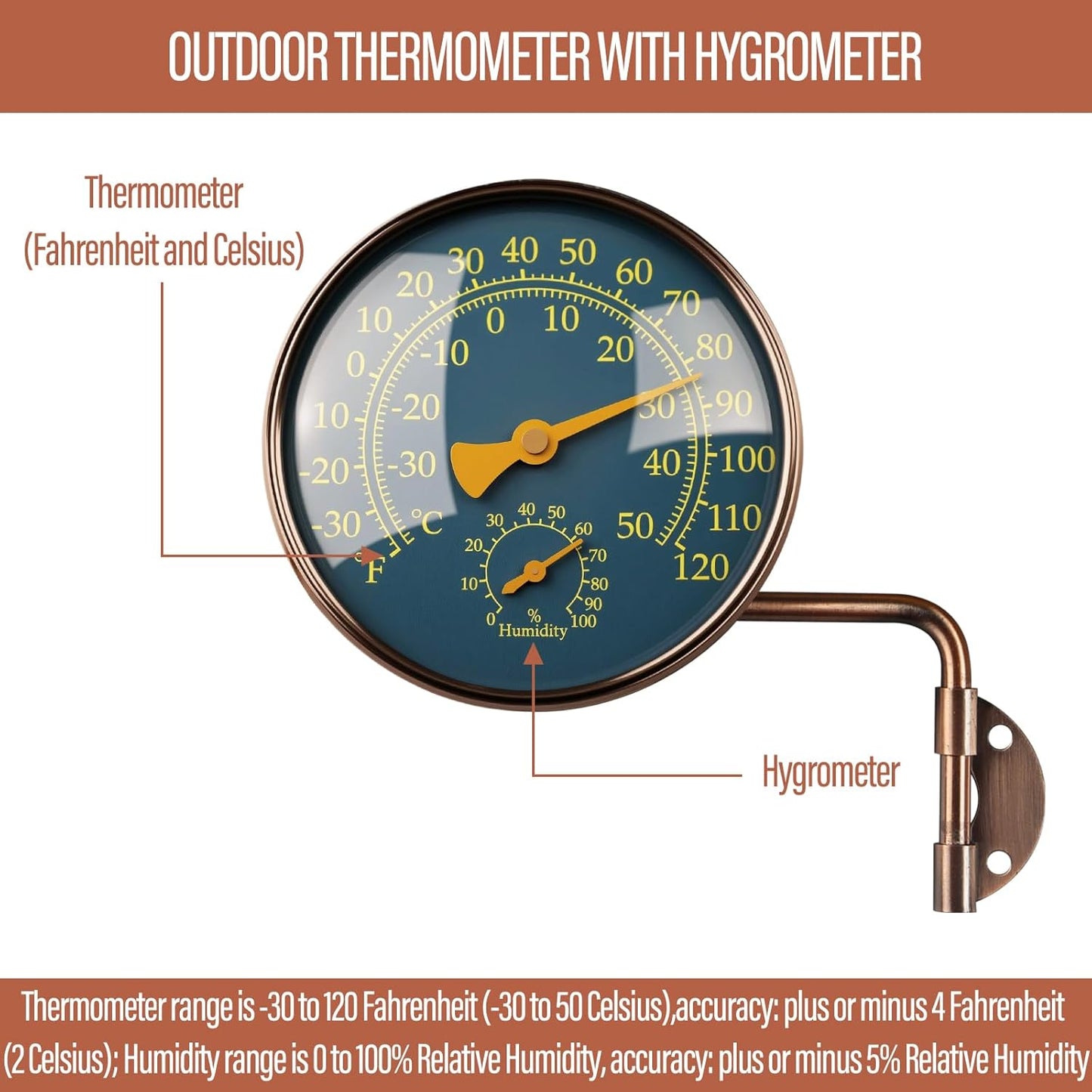 4 Inch Brass Outdoor Thermometer - Analog Temperature Gauge for Patio, Greenhouse and Garage