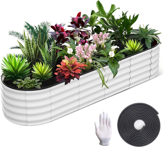 Galvanized Raised Garden Bed, 8x2x1.5Ft Metal Planter Box Outdoor, Oval Open-Ended Base Planter Raised Boxes for Vegetables Flower Herb,Beige