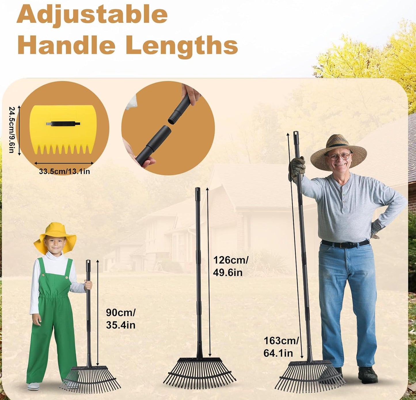 Rake with Leaf Scoops Garden Leaf 25 Tines Lawn Leveling Tool, Heavy Duty 64.1 Inch Adjustable Handle Metal Rake for Picking Leaves Grass Garbage, Black