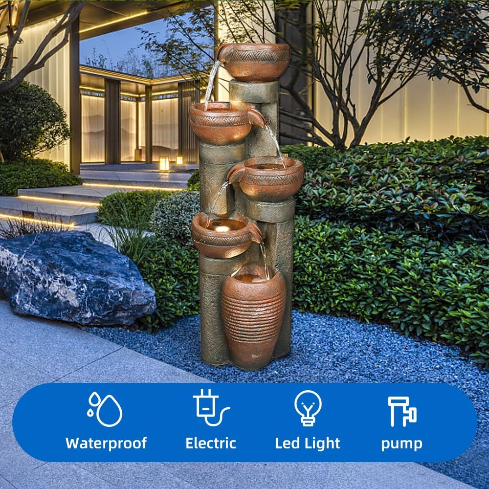 5 -Tier Outdoor Garden Water Fountain Decor, Resin Fountain for Garden, Floor Patio, Deck, Porch, Backyard and Home Art Decor (Brown, 39.7inch)
