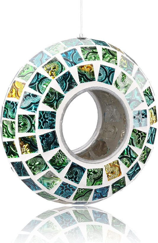 Yinns Bird Feeder - Fly Through Birds Feeder for Outside, Hanging Mosaic Glass Birdfeeder for Outdoors Circle Wild Bird Seed Container, 7-inch Green