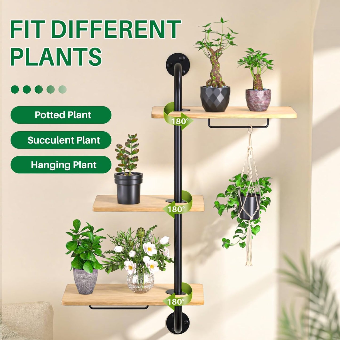 DELLAN Window Plant Shelves, Rotating Plant Shelf for Window, Wall Mounted Indoor Hanging Plants Shelf (3 Tier)