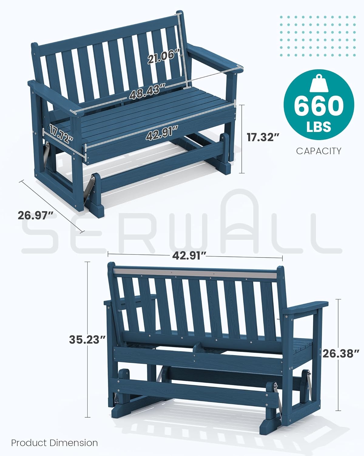 SERWALL Outdoor Glider Bench, HDPE All Weather Swinging Bench for Outdoor Porch Garden, 660LBS Capacity, Navy Blue