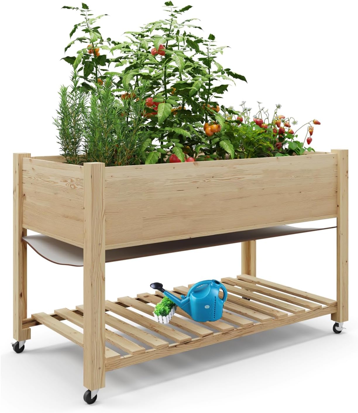 Outdoor Raised Garden Beds with Lockable Wheels Elevated Wooden Growing Bed for Flowers, Vegetables,Planter Box with Legs & Storage Shelf for Backyard, Patio, Balcony