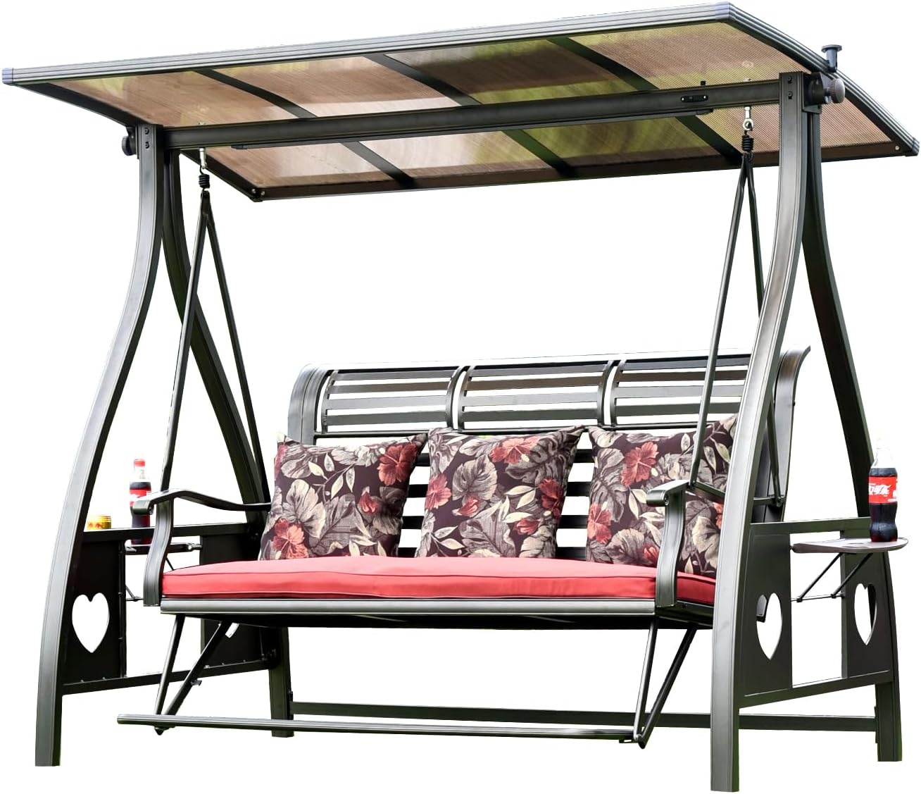 3-Seat Solar Outdoor Patio Swing Chair with Footrest Outdoor Porch Swing with Aluminum Frame Adjustable Tilt Canopy for Poolside Balcony Backyard (Floral Pillow + Red Cushion)