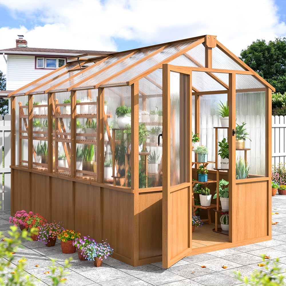 Wooden Greenhouse 6x10 FT, Walk-in Greenhouse for Outdoors with 6MM Thick Polycarbonate Panel and Adjustable Roof Vents, Garden Backyard, Wood Colour