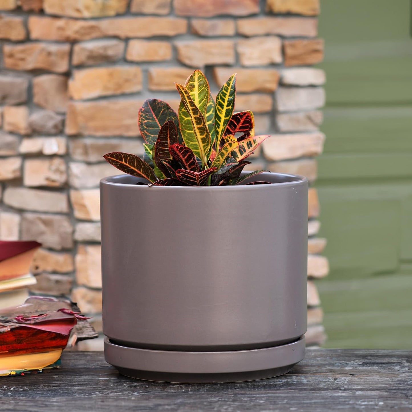 Mid Modern Planter with Detached Saucer (Pastel Taupe,12.0" D x 10.5" H)