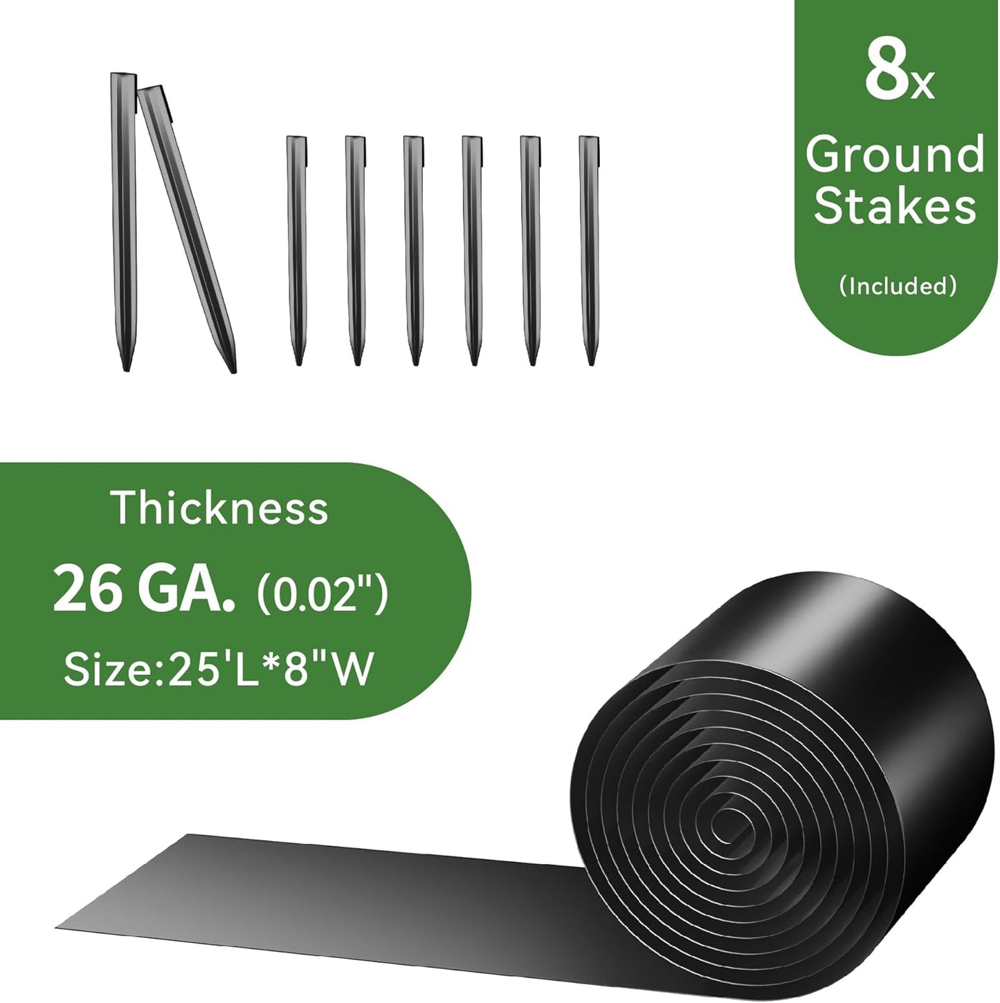 Worth Galvanized Steel Landscape Edging 8" x25' Metal Garden Edging Roll Flexible Bender Border with 8Pcs Stakes for Lawn, Flower Bed Edges, Black