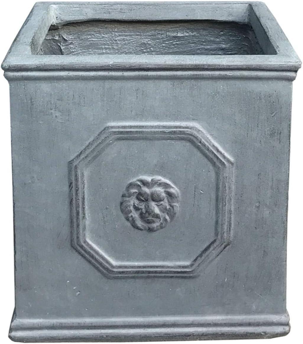 Kante Square Lion Head Concrete Planter, Classic English Style Plant Pot with Drainage Hole and Rubber Plug for Indoor Outdoor Garden Patio Home, 10.2"x10.2"x 10.2" Antique Gray