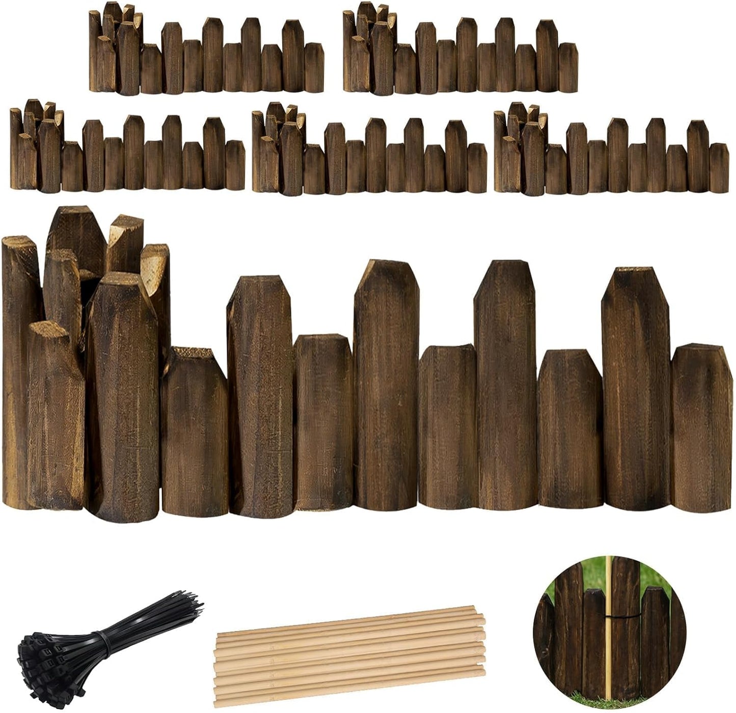 Wood Garden Edging for Landscaping – Staggered Half-Round Wooden Fence Border, Rustic Flower Bed Edging, Natural Pine, 7.9” x 4ft, Outdoor Garden Decor (6 Pack)