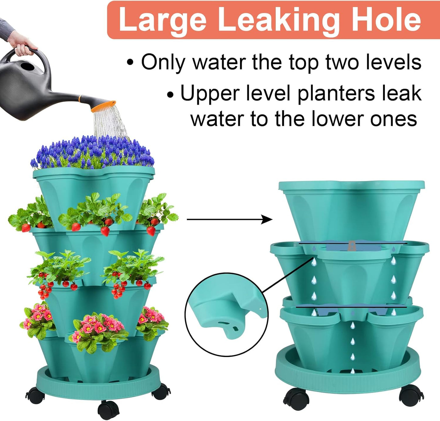 DUNCHATY Stackable Planter, Vertical Garden Planter with Wheels and Tools, Self Watering Strawberry Planter Indoor/Outdoor 4 Tier Herb Planter Pots for Growing Vegetables and Succulents, Teal