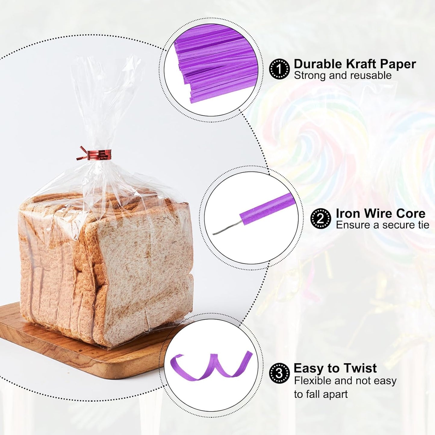 HARFINGTON 1000pcs Bag Twist Ties 3.5" Reusable Kraft Paper Twist Ties Wire Cable Ties for Party Bread Candy Cake, Purple