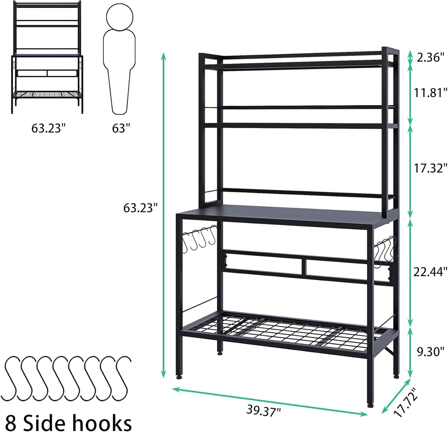 63” Metal Potting Bench&Table with Metal Tabletop, 4-Tier Plant Shelves, 8 Side Hooks, Outdoor/Indoor Gardening Workstation and Plant Stand, Black