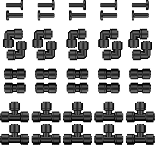 Pawfly 40 Pcs Quick Connect Drip Irrigation Fittings Kit for 1/4" Tubing, Push-to-Fit Drip Line Connectors Set with 10 Tees, 10 Couplings, 10 Elbows & 10 End Plugs, Anti-Leak Drip Irrigation Parts