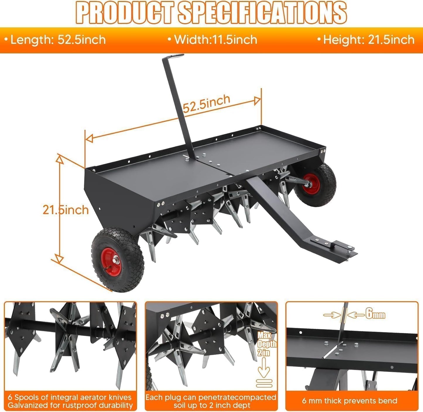 52" Tow Behind Plug Aerator with Transport Wheels, Plug Aerator Tow Behind with 40 Galvanised Steel Tines, Tow Behind Aerator for Gardens, Lawns, Farms