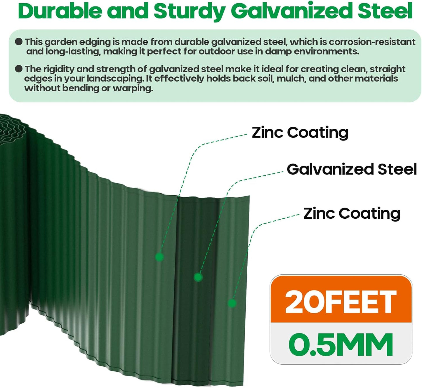Corrugated Metal Garden Edging, Sturdy Tall Landscape Edging Borders, Perfect DIY for Flower Beds, Lawn and Pathway, Tree Surrounds, Paver Edges (Green, 10"×20FT)