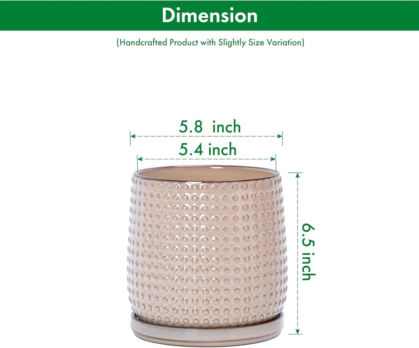 D'vine Dev 6 Inch Ceramic Beaded Stoneware Planter Pot - Flower Pot with Drainage Holes and Saucers for Indoor Succulent Plants or Flowers, Light Brown, 27-C-X-4