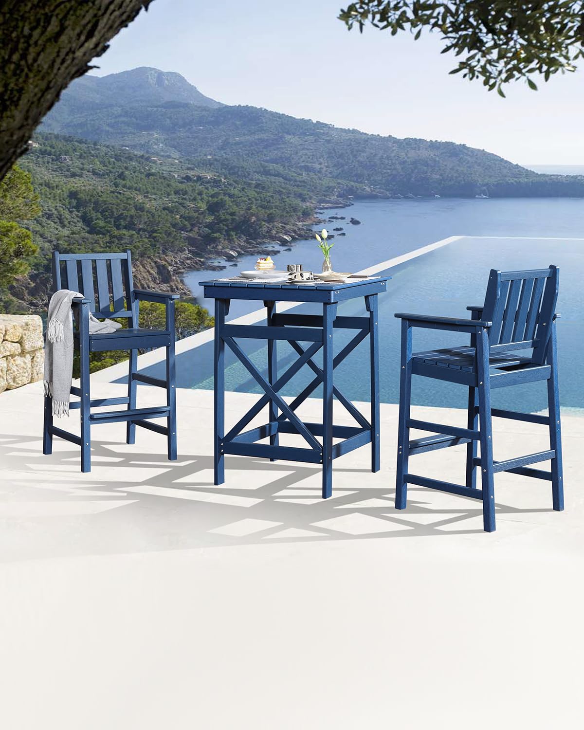 3-Piece Adirondack Chairs and Table Set, HDPE Outdoor Bar Sets, All Weather Outdoor Bar Stools Set, HDPE Adirondack Bar Height Chairs and Bar Table for Balcony, Bistro, Poolside, Navy