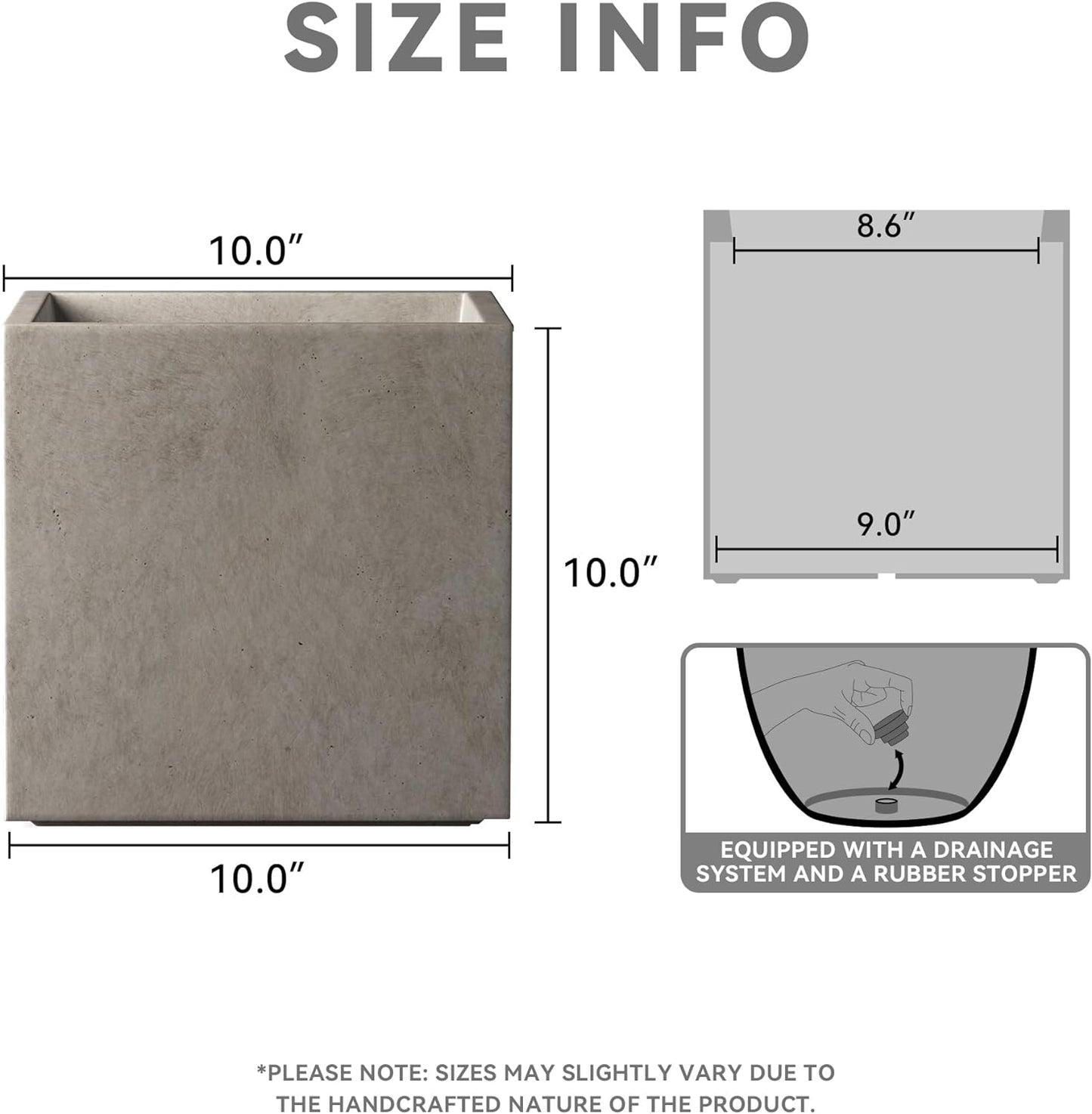 Kante 10 Inch Square Concrete Planter for Outdoor Indoor Home Patio Garden, Large Plant Pot with Drainage Hole and Rubber Plug, Weathered Concrete