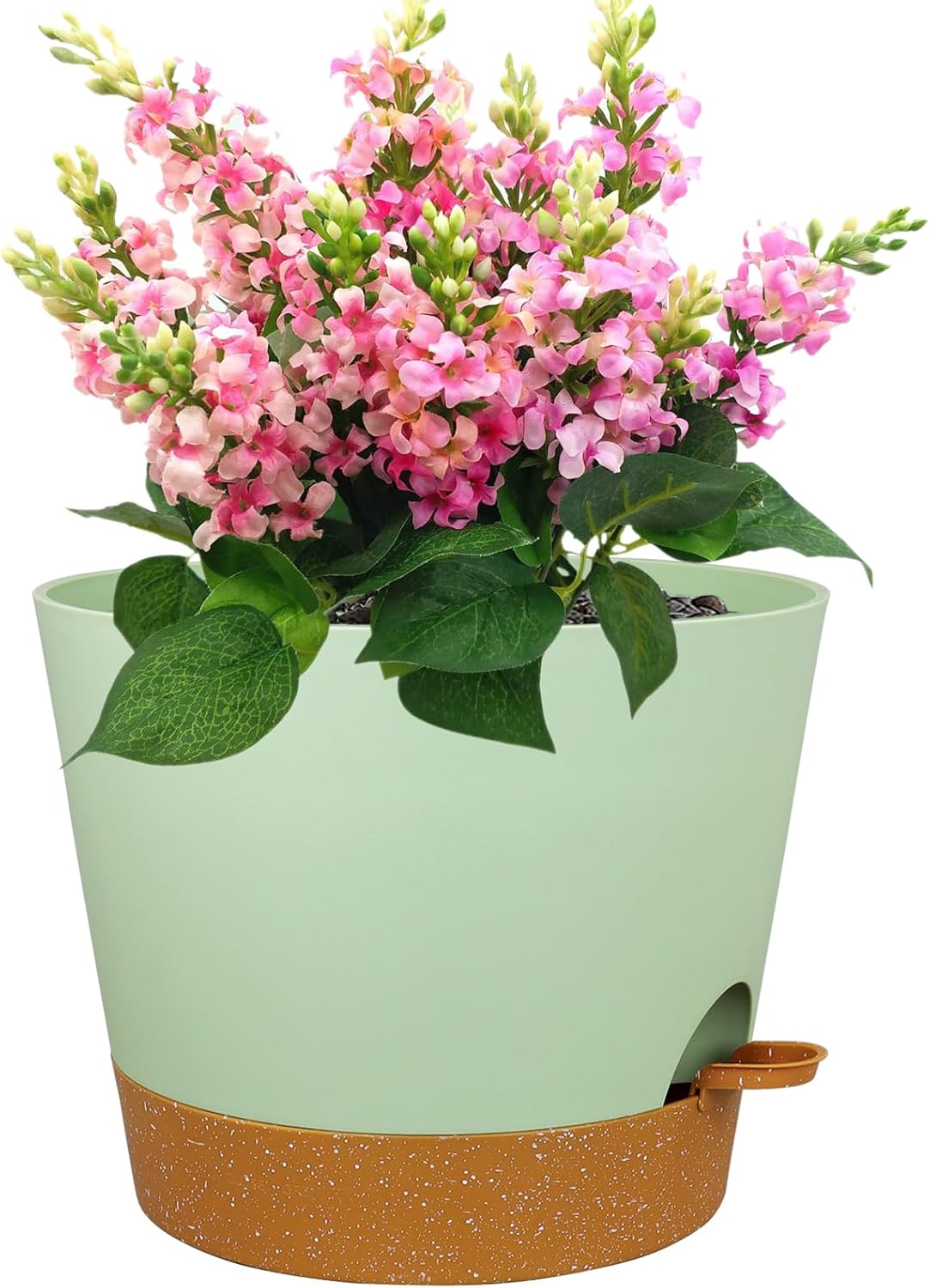 12 inch Large Self Watering Pots for Indoor Outdoor Plants, Flower Plant Pots with Drainage Holes for Garden House Plants, Plastic Planters with Reservoir for Home Plants, Green with Brown
