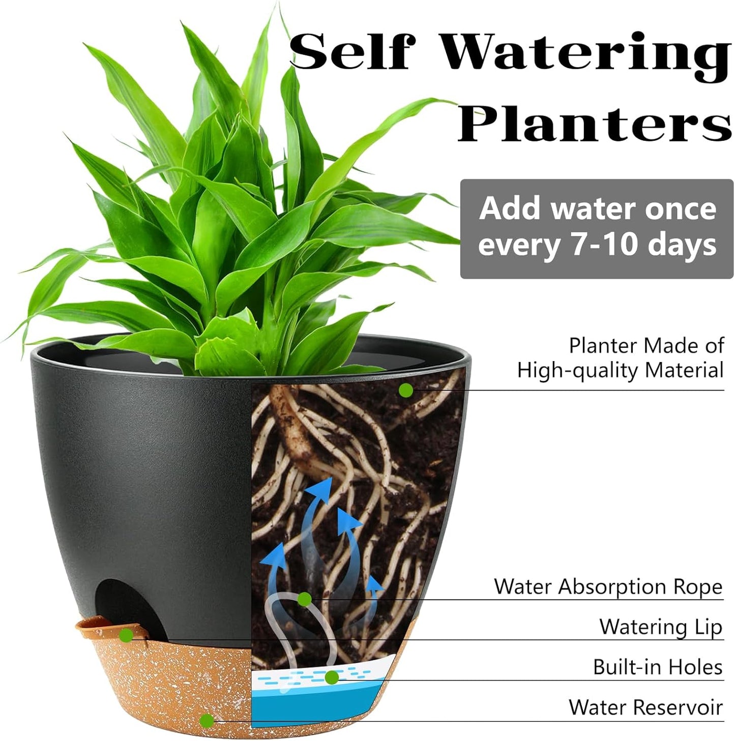 Large Self Watering Planters Plant Pots Outdoor 9/10/12 Inch for All House Plants Black Plastic Flower Pots with Drainage Hole Flower Pots for Indoor Plants Gift Idea for Home Decor