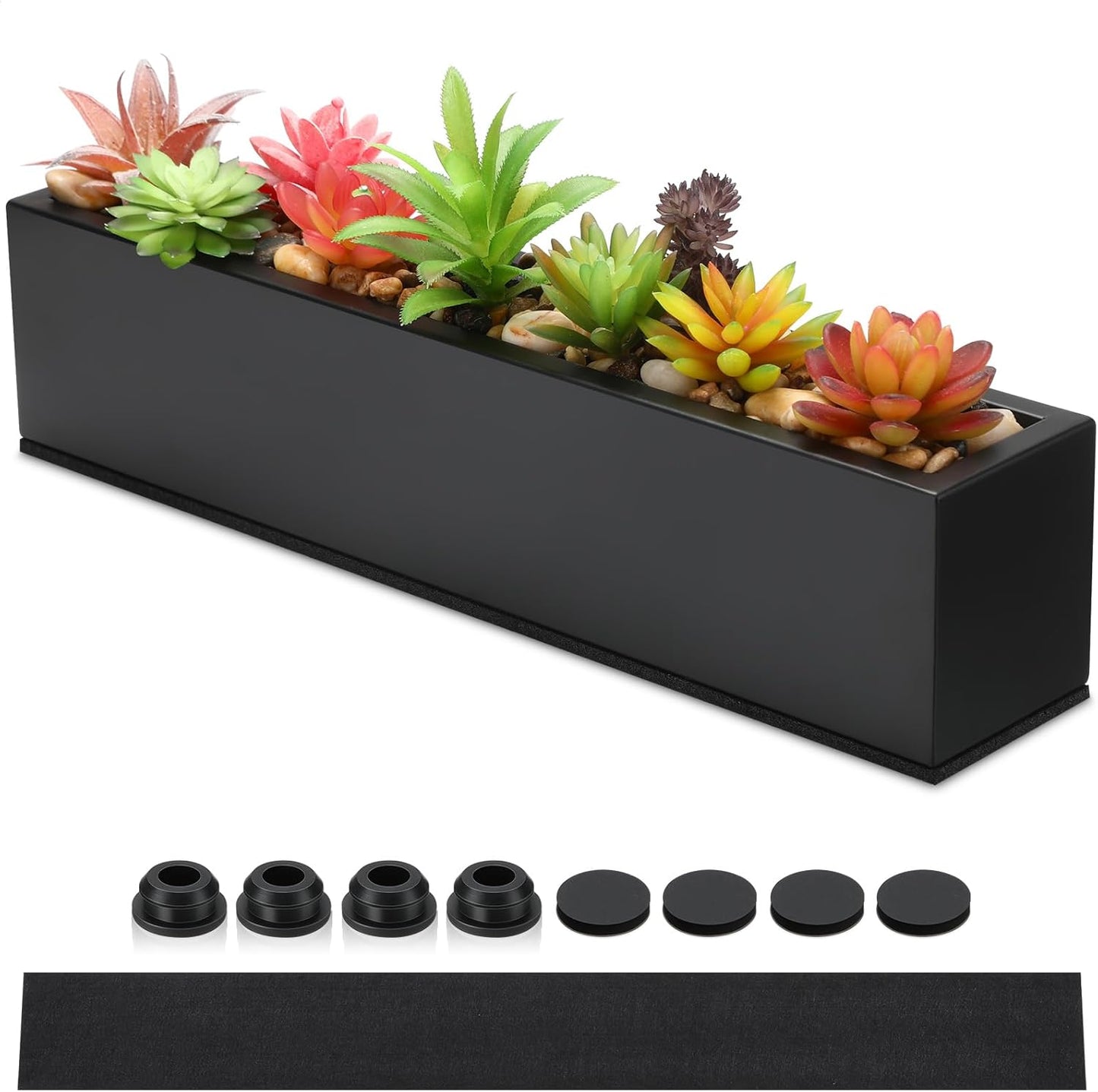 16.1 x 3.2 x 3.5 Inch Long Rectangular Planter Box Window Sill Plant Box Metal Water Trough Indoor Large Modern Steel with Drainage Holes Herb Garden Home(Black)