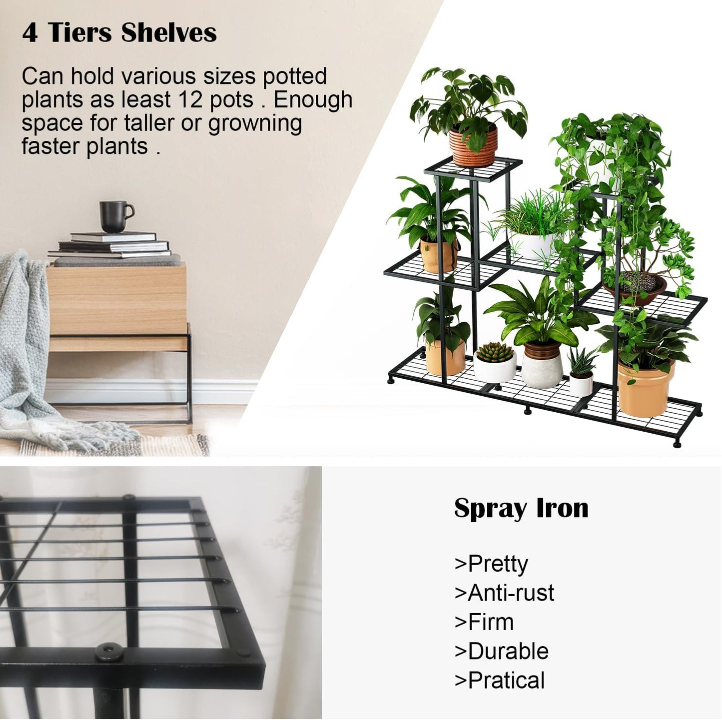 Metal Plant Stand, 5 Tiers Multifunctional Plant Stands for Indoor Plants, Decorative Black Steel Plant Shelf for Indoor Patio Garden Balcony and Yard (4 tiers 12 pots)