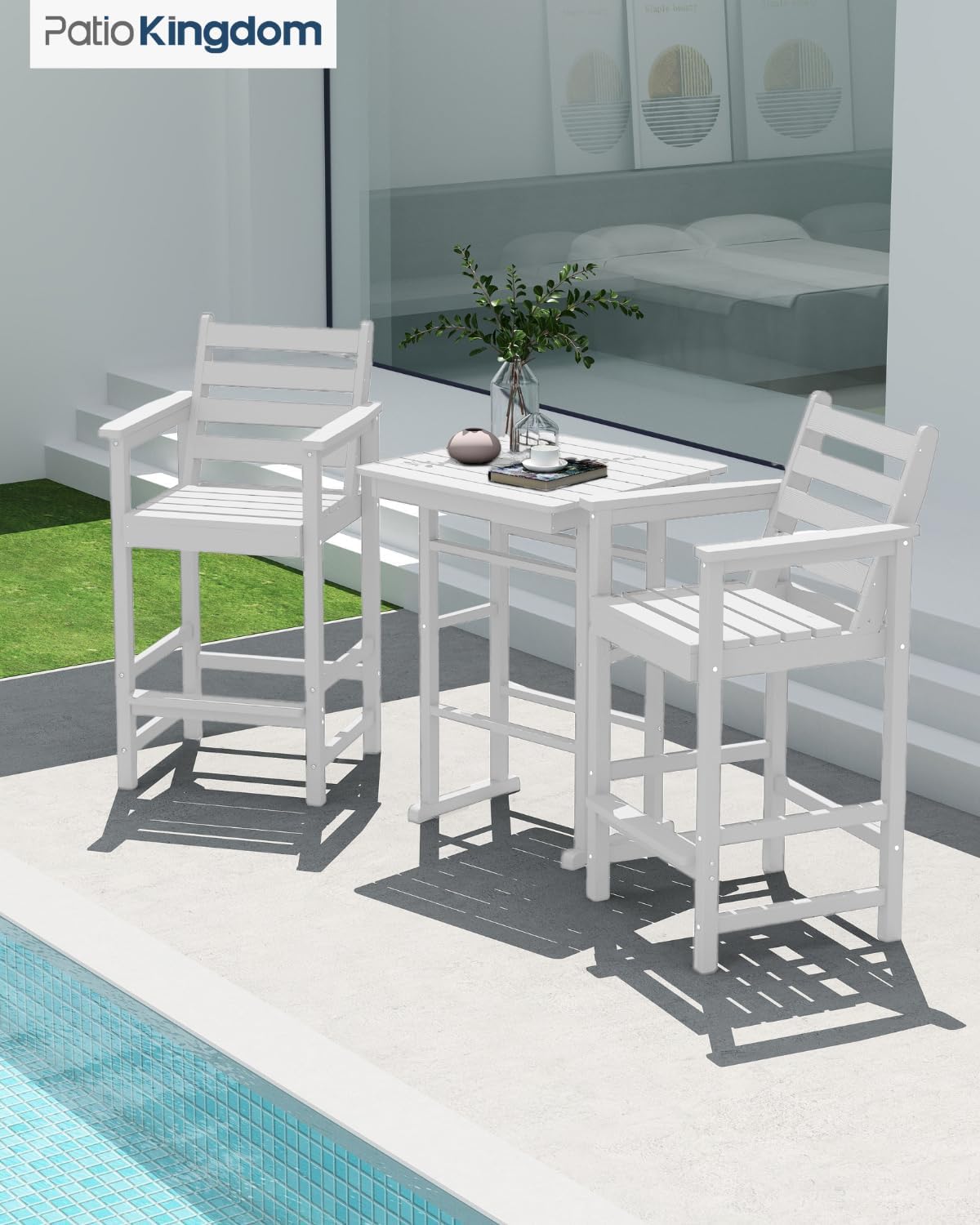 3-Piece Outdoor Bar Set with Beige 11FT Cantilever Umbrella, HDPE Tall Balcony Adirondack Chairs and Table, Outdoor Bar Stools for Patio (White)