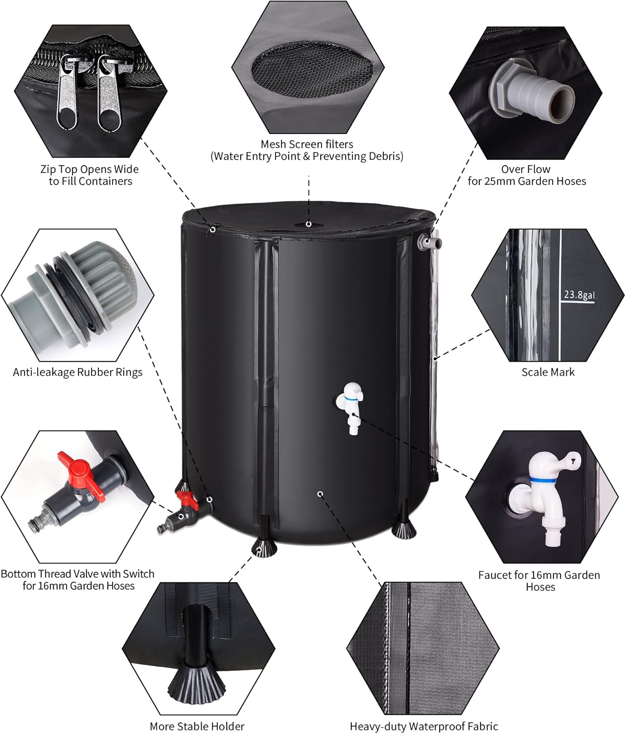 Collapsible Rain Barrel, Portable Water Storage Tank, Rainwater Collection System Downspout with tick Marks Portable Water Storage Tank (Black, 100 gal)
