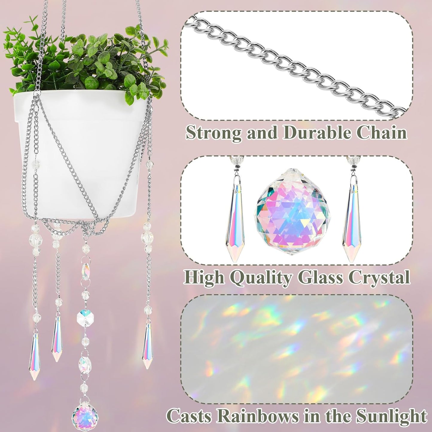 Chunful 3 Pack Sun Catcher Plant Hanger with Beads and Glass Crystal Beaded Plant Hanger Sun Catchers Kit Hanging Basket Accessories for Indoor Home Rainbow Decor, Pots Not Included (Silver)