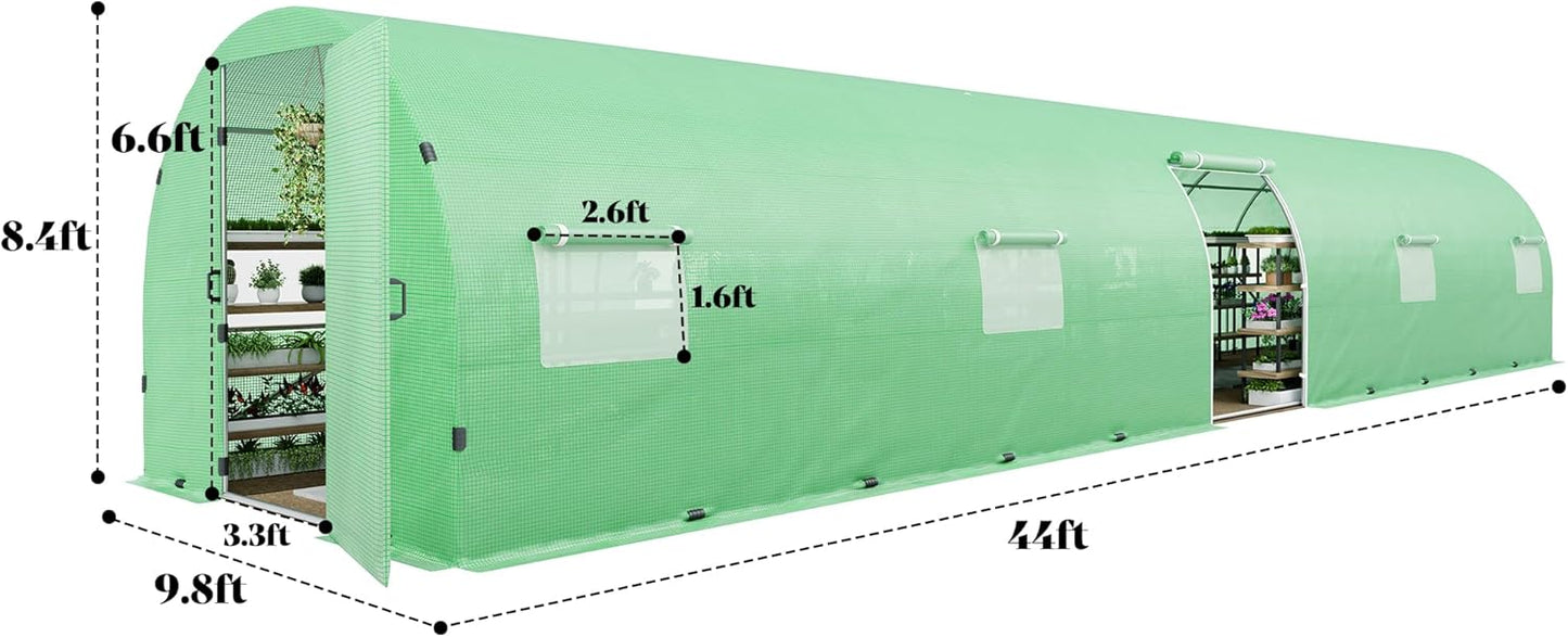 AMERLIFE 44x10x7.5 FT Tunnel Greenhouse for Outdoors, Extra Large Walk in Greenhouse with Galvanized Steel Frame, Premium PE Cover & Film Clips, Swing Door, Green
