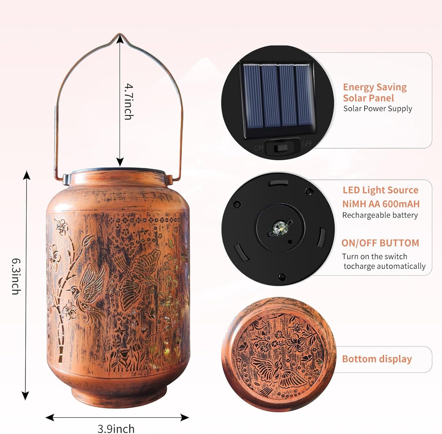 Solar Lantern Outdoor Waterproof Cardinal Style Garden Decoration, Solar Lamp Carved with Elegant Birds and Flowers, Suitable for Courtyards, Backyards, and Porches.