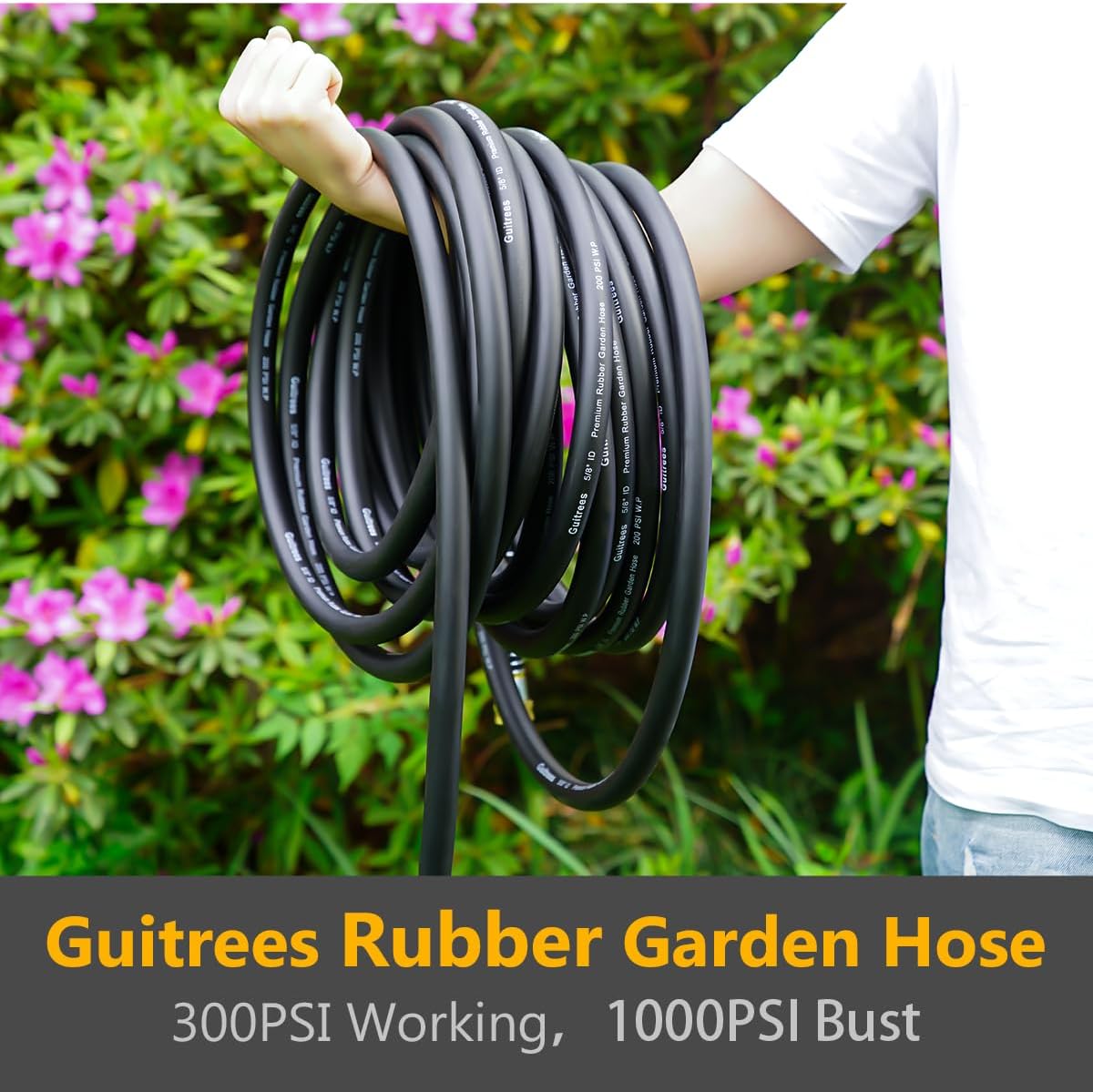 Garden Hose 150FT x 3/4”, Heavy Duty Rubber Hose, Water Hose with Five Layered Braiding, Male Female Fittings, 1000PSI Burst, 200PSI Working (Black)