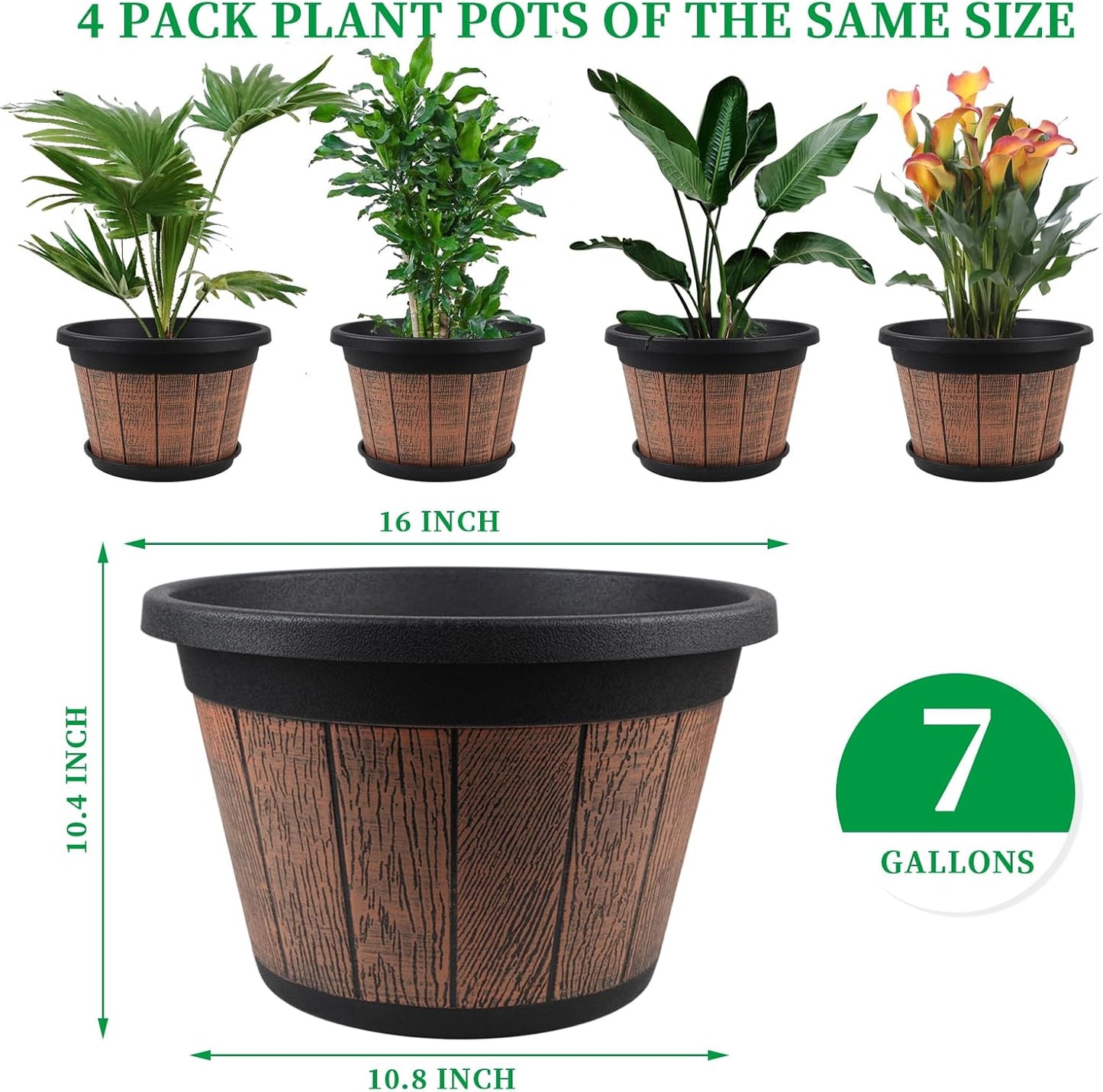 Quarut Large 4 Pack 16 inch Plant Pots,Whiskey Barrel Planters with Drainage Holes & Saucer,Plastic Decoration Flower Pots Retro Design,Planters for Outdoor Indoor Garden Balcony Plants (Brown)