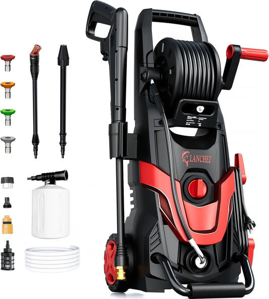 Pressure Washer, Power Washer with 6 Quick Connect Nozzles, Inlet Hose & Filter&Foam Cannon for Cars/Fences/Driveways/Patios/Home Cleaning (Red)