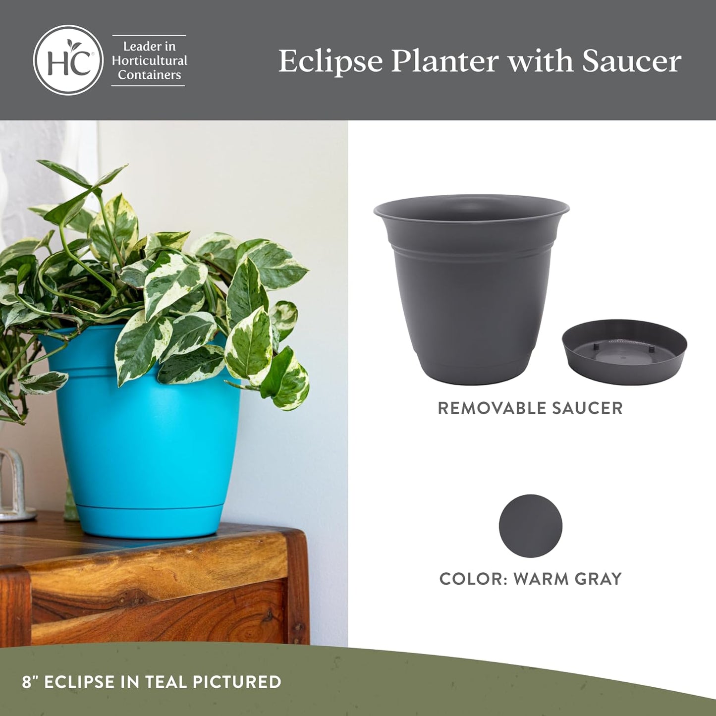 The HC Companies Eclipse Round Planter with Saucer - Outdoor & Indoor Plant Pot with Drainage Holes - Lightweight, UV-Resistant Plastic Pots for Plants, Flowers & Herbs (10" Warm Gray, Pack of 1)