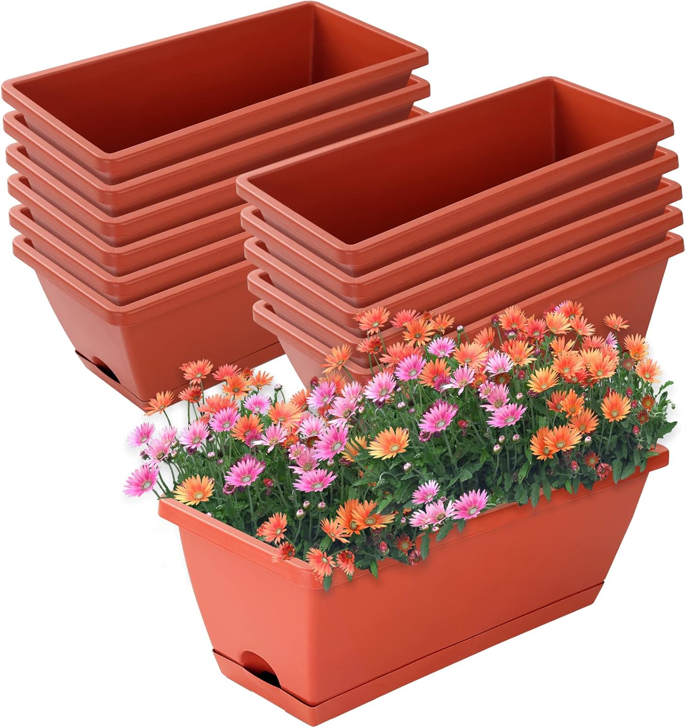 Window Box Planter, 12 Pack Plastic Vegetable Flower Planters Boxes 17 Inches Rectangular Flower Pots with Saucers for Indoor Outdoor Garden, Patio, Home Decor (Brick red)