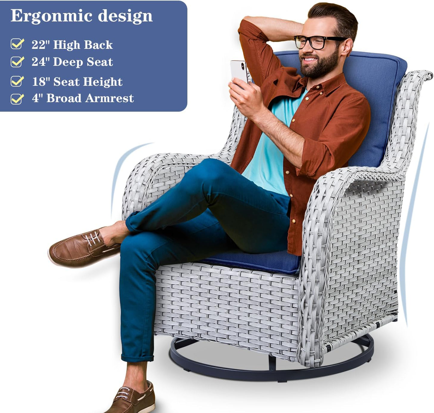 4 Pieces Patio Furniture Sets, Wicker Patio Swivel Glider Chair with Ottomans, Outdoor Furniture Set for Outside Porch Deck Balcony, Light Grey