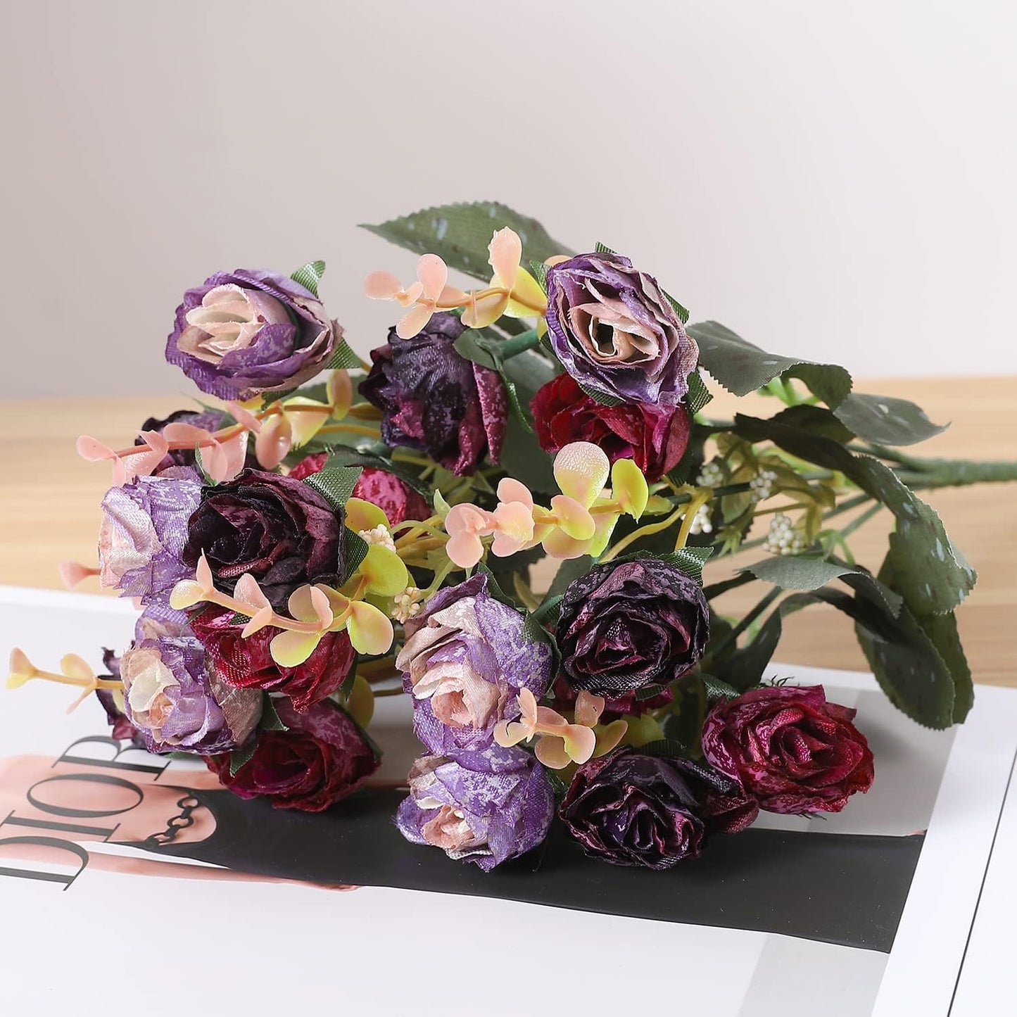 Duovlo 7 Branch 21 Mini Rose Heads Artificial Flowers Bouquet Wedding Home Office Decor,Pack of 2 (2 PCS Purple)