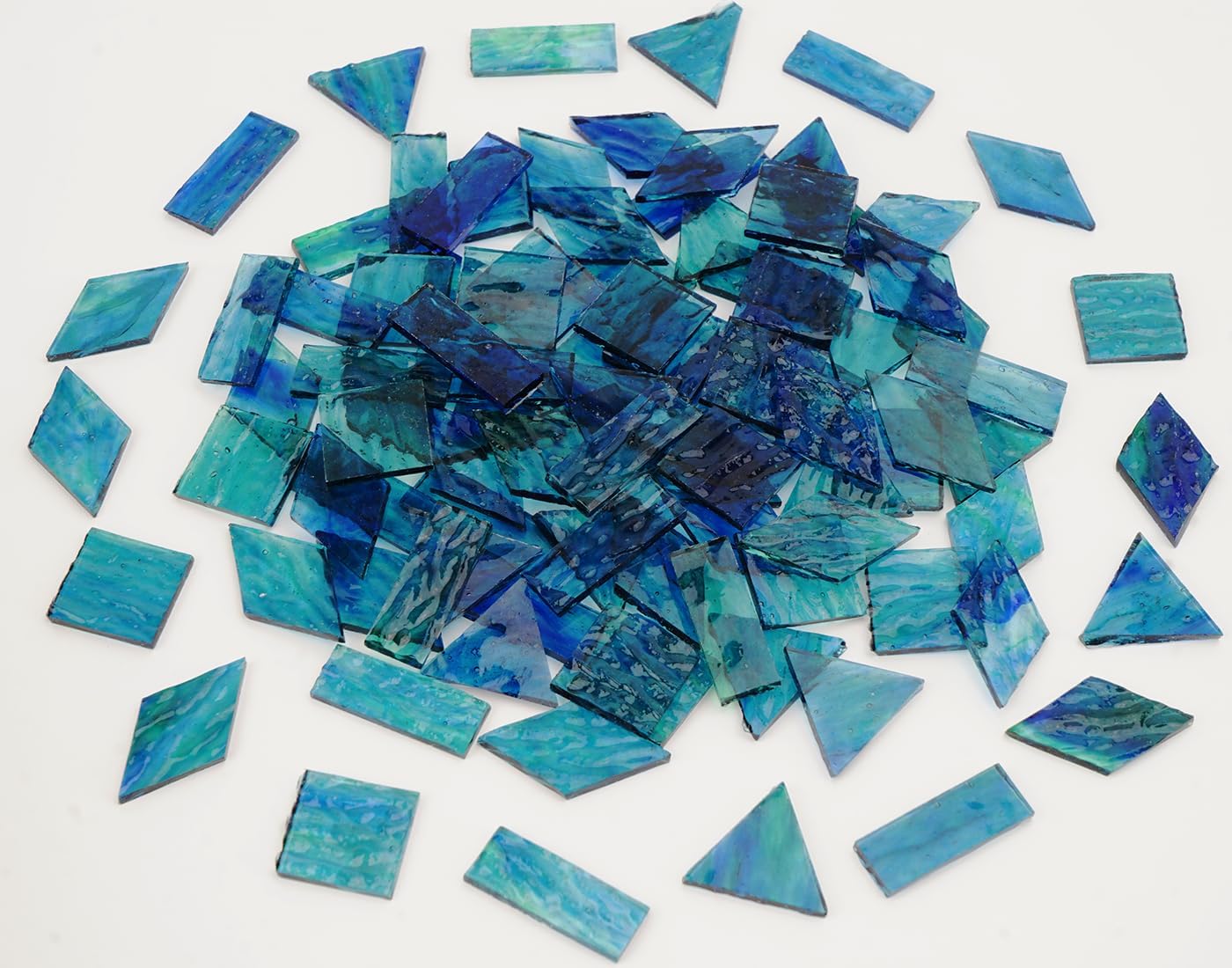 200g Transparent Mosaic Glass Tiles, Large Stained Glass Pieces for DIY Mosaic Craft Supplies, 4 Shapes Mosaic Glass Tiles for DIY Mosiac Present, Pond Water Blue