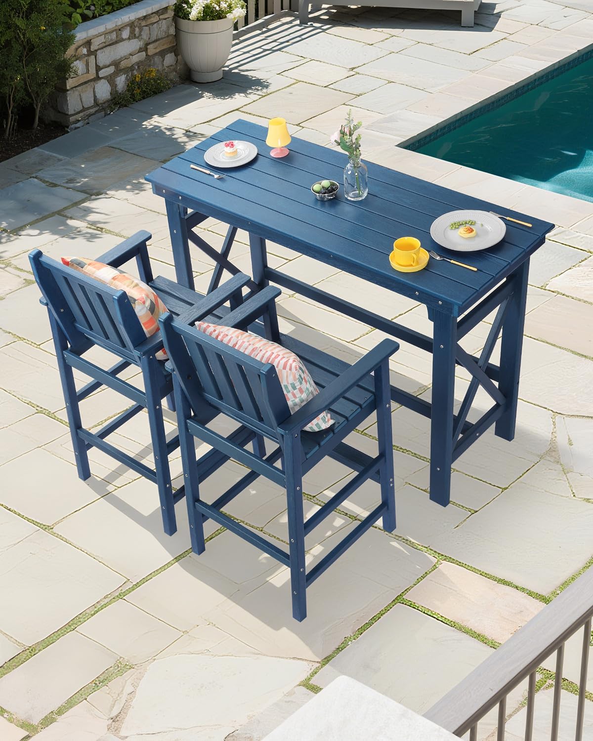 3 Pieces HDPE Outdoor Patio Bar Set, Rectangular Outdoor Bar Height Table and Chairs Set, Adirondack Patio Bar Stools Set, Outdoor Bar Table and Chairs Set for Balcony, Poolside, Porch, Navy