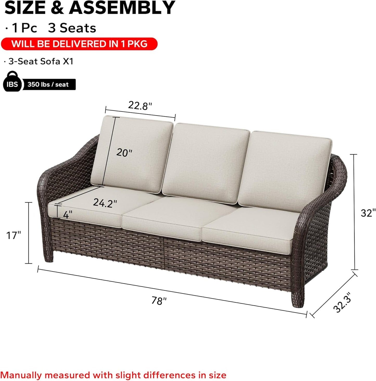 78" Wicker 3-seat Sofa, Outdoor Conversation Furniture, All-Weather Rattan Couch, Steel Frame Couch with Cushions for Garden, Poolside, Porch (Beige)