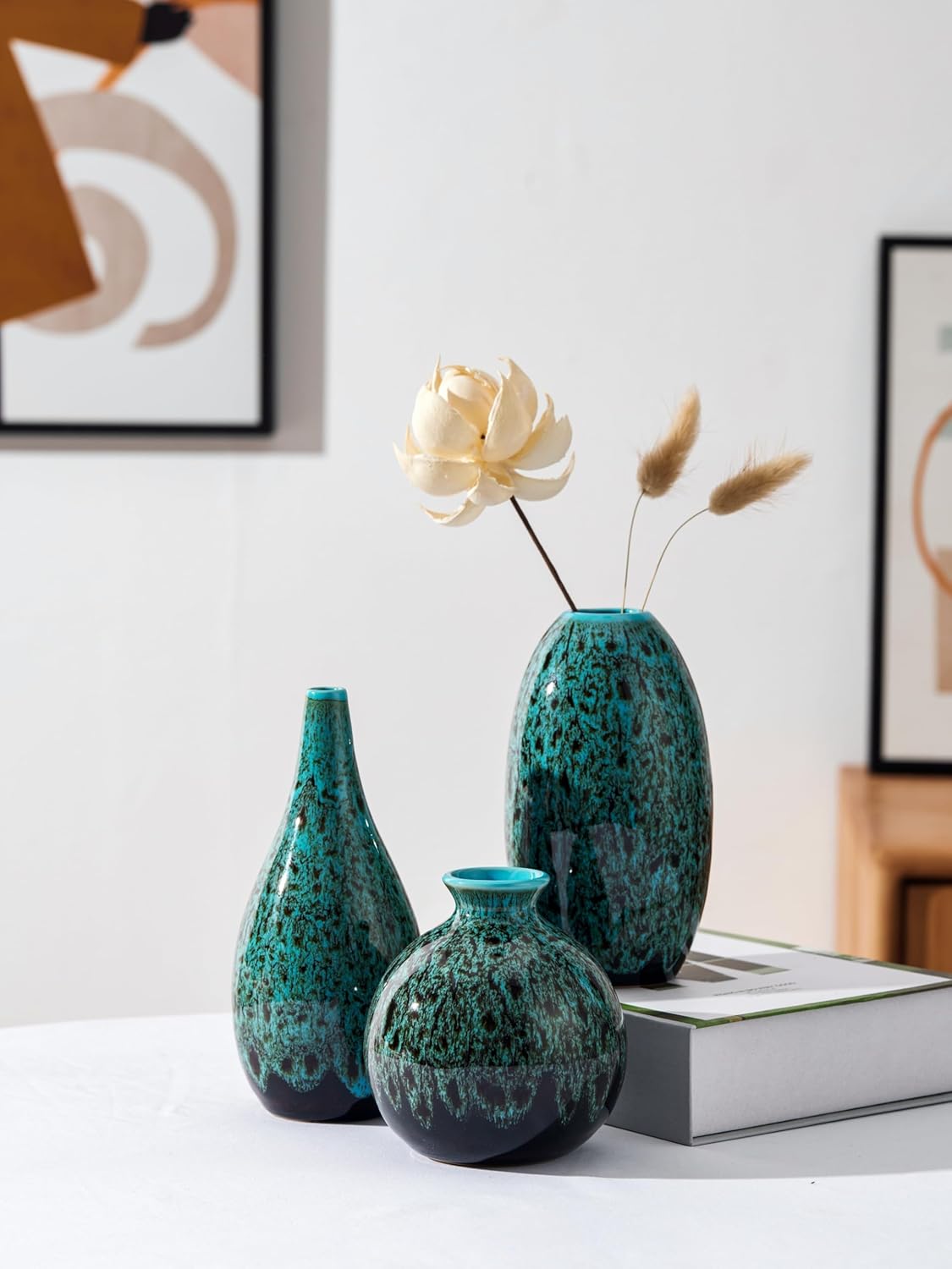 Ceramic Bud Vase Set, Fambe Blue Glazed Finish, Decorative Flower Vases (Blue-Set of 3)