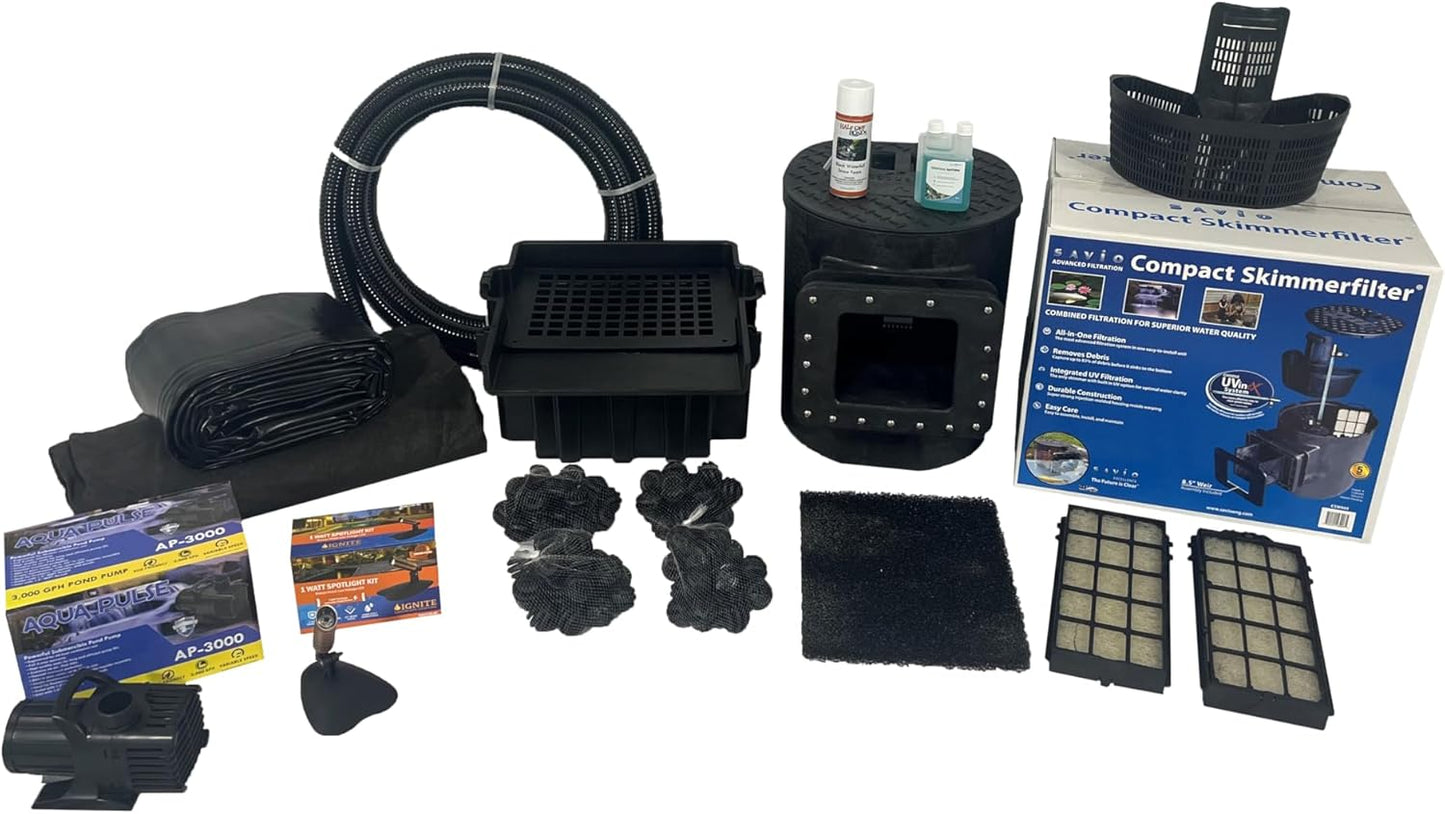 HALF OFF PONDS Savio Select 3,000 GPH Submersible Pump Pond Kit with 20' x 20' PVC Plastic Pond Liner for Water Garden & Koi Pond
